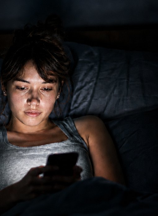 Woman awake at night on her phone