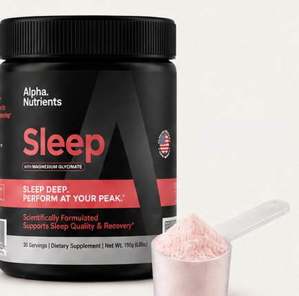 One scoop of pink watermelon powder next to the Alpha Sleep tub
